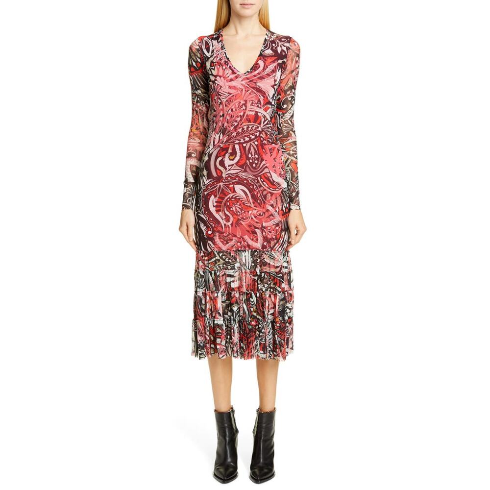 FUZZI Mystical Print Long Sleeve Midi Dress Ruby Red V-Neck Mesh‎ Y2K 90s Sz S
